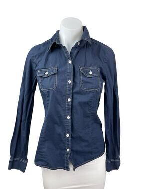 Tommy Hilfiger Women's Blue Dark Wash Long Sleeve Button Up Denim Jean Shirt S